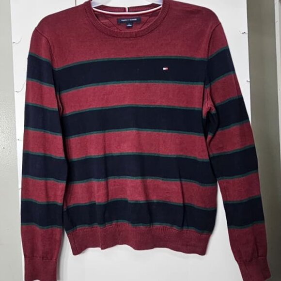 Tommy Hilfiger Men’s Sweater M Red Navy Stripe Crewneck 100% Cotton Pullover - Picture 2 of 8